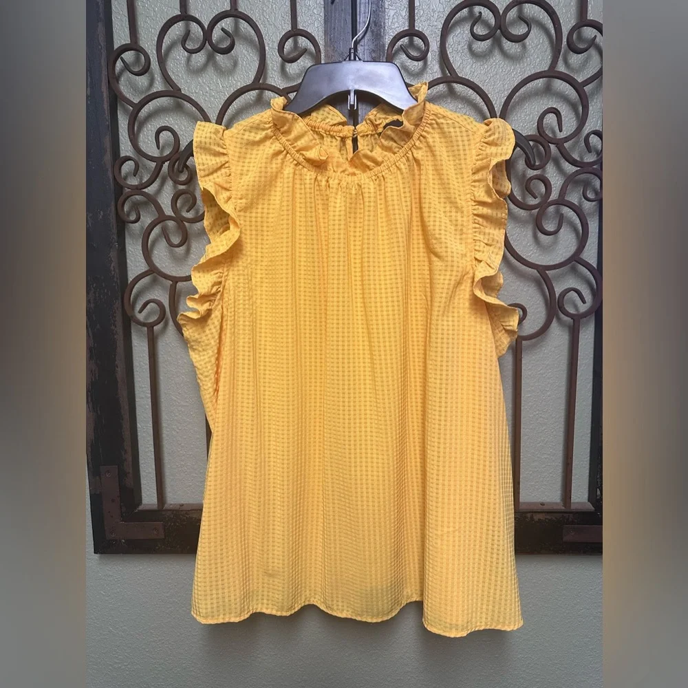 Who What Wear sleeveless ruffle high neck button back mustard blouse